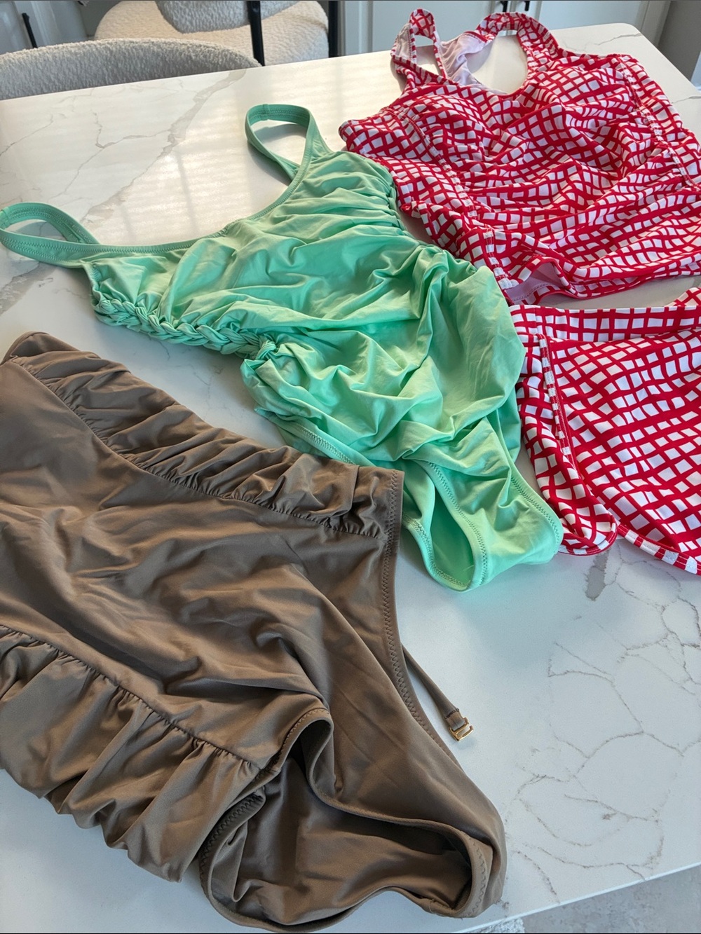 Three Women’s Swim suits in Mint, Red/White Pattern & Taupe -
